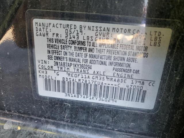 3N1AB7AP1KY360294 - 2019 NISSAN SENTRA S BLACK photo 12