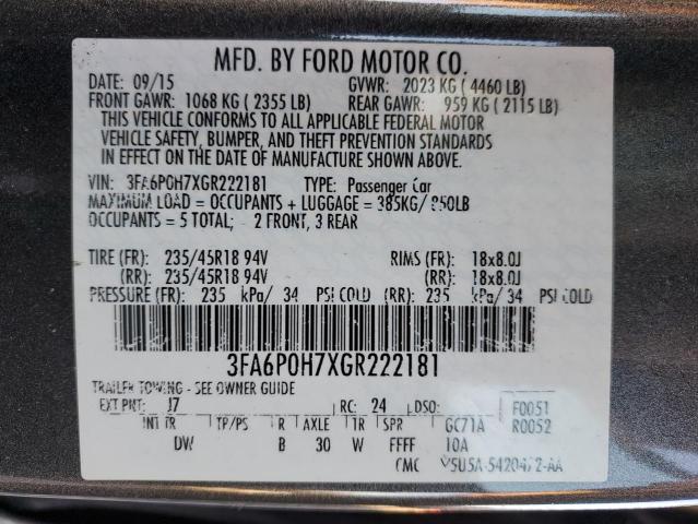 3FA6P0H7XGR222181 - 2016 FORD FUSION SE GRAY photo 13