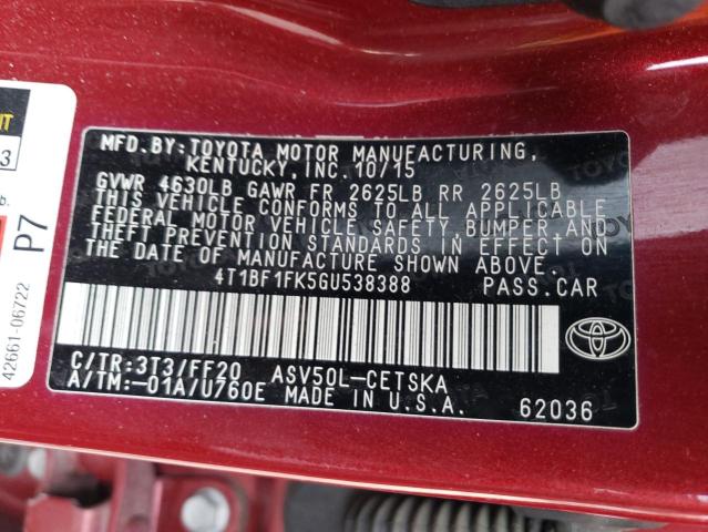 4T1BF1FK5GU538388 - 2016 TOYOTA CAMRY LE BURGUNDY photo 12