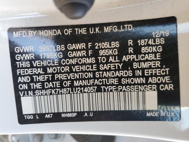 SHHFK7H87LU214057 - 2020 HONDA CIVIC EXL თეთრი ფოტო 12