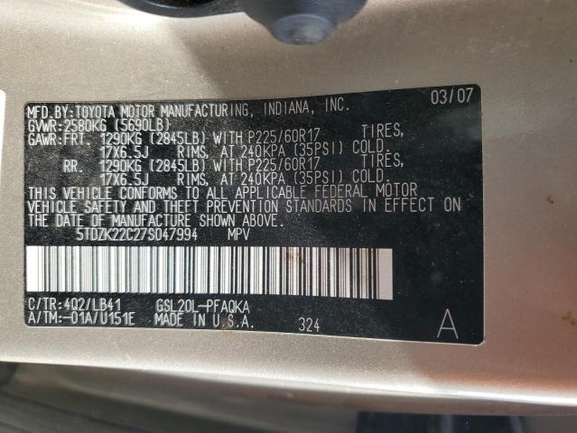 5TDZK22C27S047994 - 2007 TOYOTA SIENNA XLE TAN photo 13