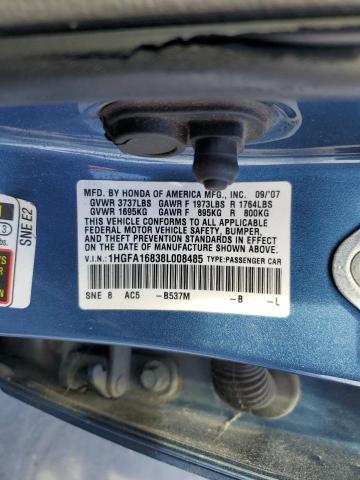 1HGFA16838L008485 - 2008 HONDA CIVIC EX BLUE photo 12