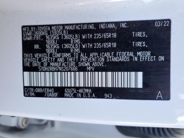 5TDHZRBH7NS207666 - 2022 TOYOTA HIGHLANDER XLE Ağ foto 13