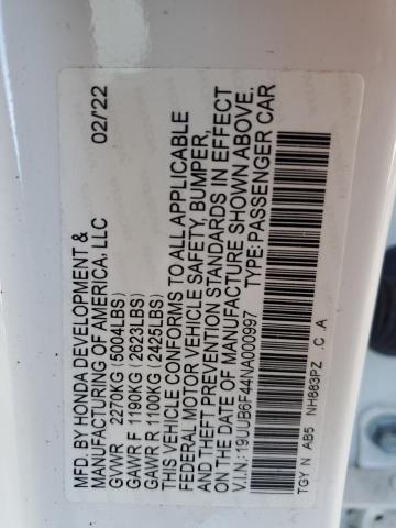 19UUB6F44NA000997 - 2022 ACURA TLX TECHNOLOGY 白色 照片 12