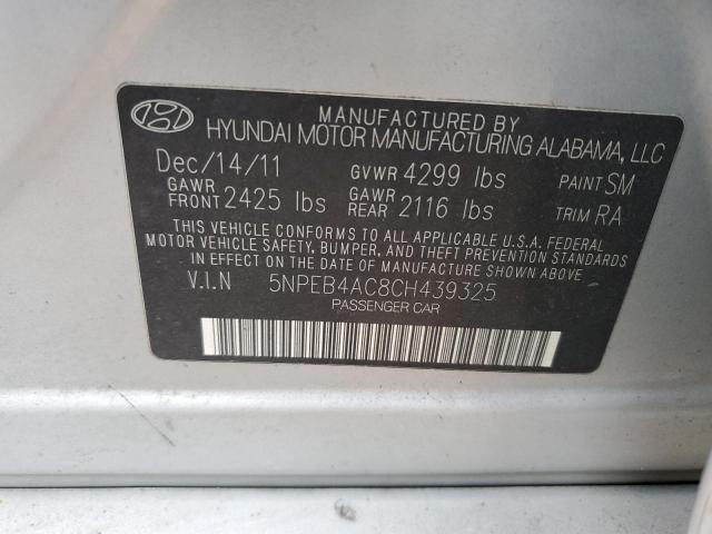 5NPEB4AC8CH439325 - 2012 HYUNDAI SONATA GLS SILVER photo 12