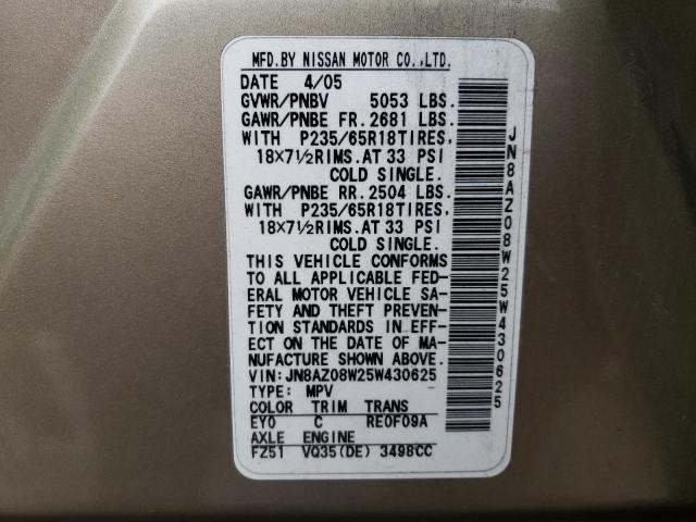 JN8AZ08W25W430625 - 2005 NISSAN MURANO SL TAN photo 12