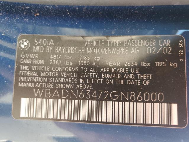 WBADN63472GN86000 - 2002 BMW 540 I AUTOMATIC BLUE photo 12