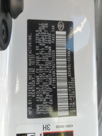 4T1BE46K78U752059 - 2008 TOYOTA CAMRY CE WHITE photo 12