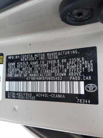 4T1BE46K97U605403 - 2007 TOYOTA CAMRY CE TAN photo 12