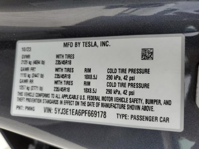 5YJ3E1EA6PF669178 - 2023 TESLA MODEL 3 CHARCOAL photo 13