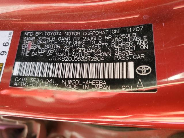 JTDKB20U083342804 - 2008 TOYOTA PRIUS RED photo 12