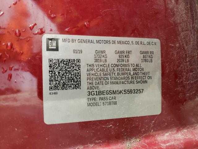 3G1BE6SM5KS593257 - 2019 CHEVROLET CRUZE LT RED photo 12