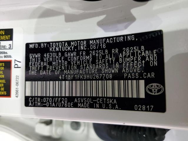 4T1BF1FK9HU267708 - 2017 TOYOTA CAMRY LE WHITE photo 12