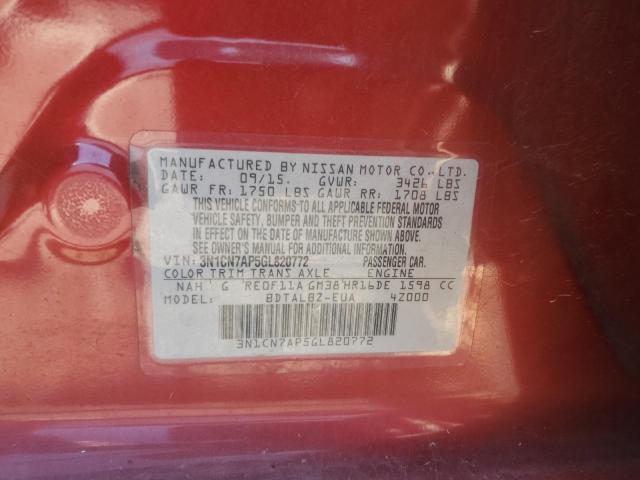 3N1CN7AP5GL820772 - 2016 NISSAN VERSA S RED photo 12