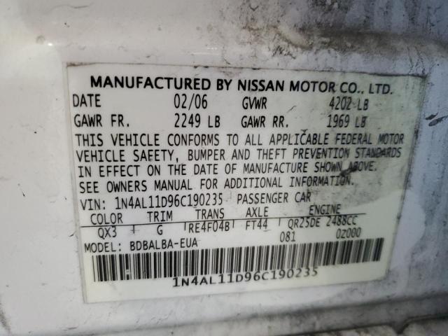 1N4AL11D96C190235 - 2006 NISSAN ALTIMA S WHITE photo 12