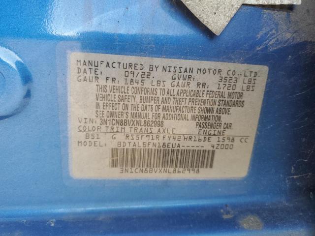 3N1CN8BVXNL862998 - 2022 NISSAN VERSA S BLUE photo 12