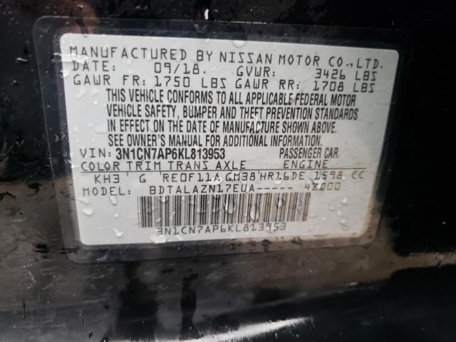 3N1CN7AP6KL813953 - 2019 NISSAN VERSA S BLACK photo 12