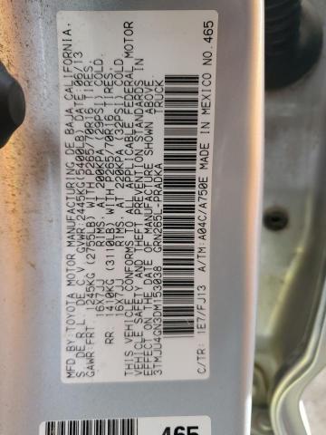 3TMJU4GN3DM153038 - 2013 TOYOTA TACOMA DOUBLE CAB PRERUNNER SILVER photo 12