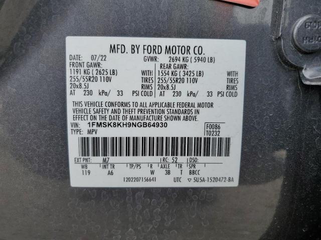 1FMSK8KH9NGB64930 - 2022 FORD EXPLORER ST-LINE GRAY photo 14