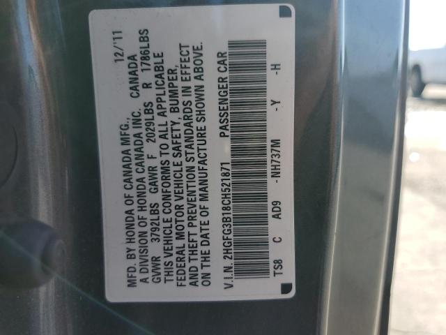 2HGFG3B18CH521871 - 2012 HONDA CIVIC EXL ნაცრისფერი ფოტო 12