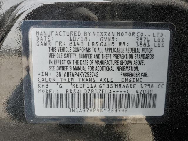 3N1AB7AP4KY253742 - 2019 NISSAN SENTRA S BLACK photo 12