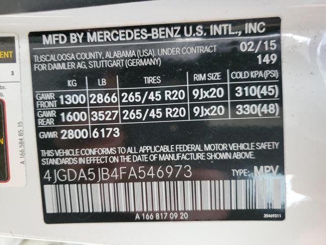 4JGDA5JB4FA546973 - 2015 MERCEDES-BENZ ML 350 WHITE photo 13