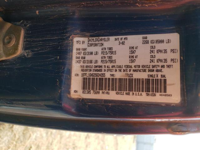 1B7FL16X62S624355 - 2002 DODGE DAKOTA BASE BLUE photo 12