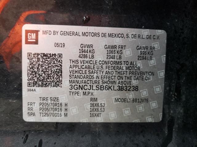 3GNCJLSB6KL383238 - 2019 CHEVROLET TRAX 1LT BLACK photo 12