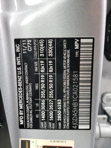 4JGDA5HB1CA021581 - 2012 MERCEDES-BENZ ML 350 4MATIC SILVER photo 12