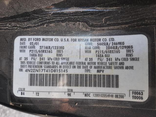 4N2ZN17T41D815145 - 2001 NISSAN QUEST GLE BLACK photo 12