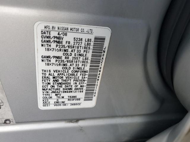 JN8AZ18W49W131164 - 2009 NISSAN MURANO S SILVER photo 12