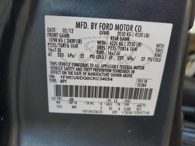 1FMCU0DG0CKC34054 - 2012 FORD ESCAPE XLT CHARCOAL photo 12