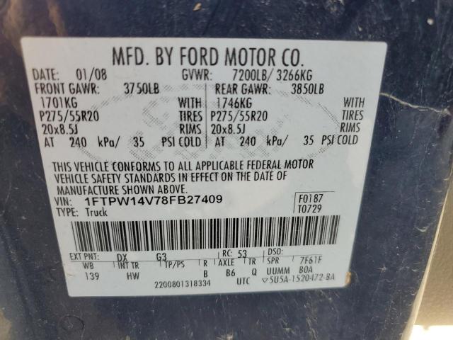 1FTPW14V78FB27409 - 2008 FORD F150 SUPERCREW BLUE photo 12