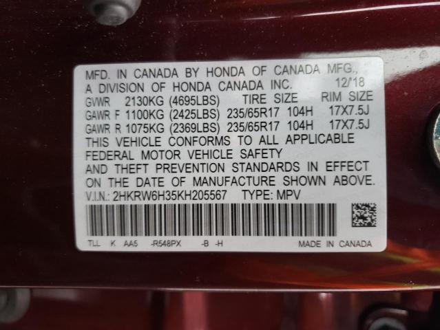 2HKRW6H35KH205567 - 2019 HONDA CR-V LX BURGUNDY photo 13