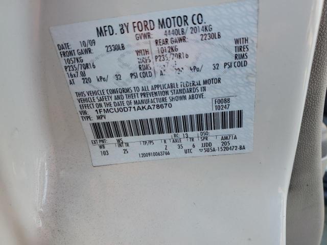 1FMCU0D71AKA78670 - 2010 FORD ESCAPE XLT WHITE photo 12