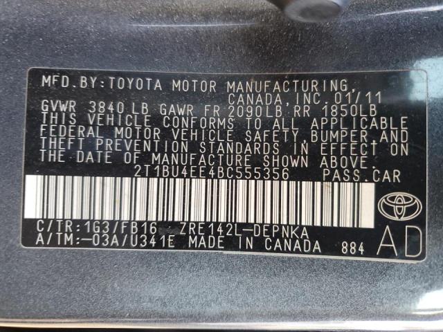 2T1BU4EE4BC555356 - 2011 TOYOTA COROLLA BASE GRAY photo 12