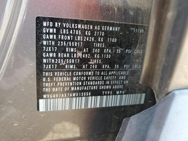 WVGAV7AX7AW513556 - 2010 VOLKSWAGEN TIGUAN S GRAY photo 12