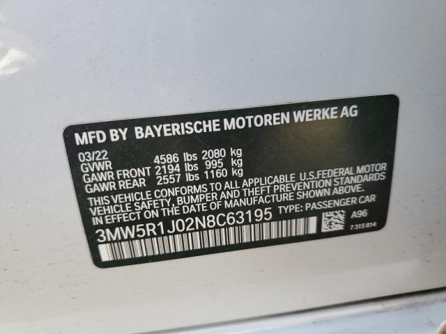 3MW5R1J02N8C63195 - 2022 BMW 330I WHITE photo 12