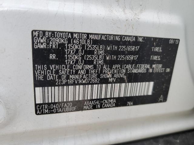 2T3P1RFV1KW072682 - 2019 TOYOTA RAV4 XLE WHITE photo 12