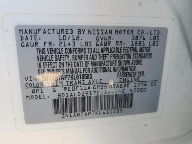 3N1AB7AP7KL610585 - 2019 NISSAN SENTRA S WHITE photo 12