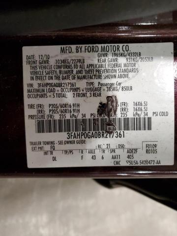 3FAHP0GA0BR217361 - 2011 FORD FUSION S MAROON photo 12