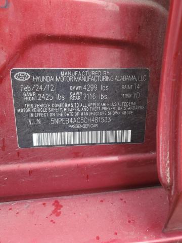 5NPEB4AC5CH481533 - 2012 HYUNDAI SONATA GLS RED photo 12