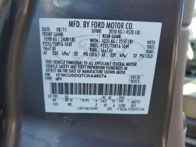 1FMCU0DG7CKA48074 - 2012 FORD ESCAPE XLT GRAY photo 13