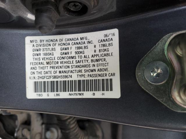 2HGFC2F58GH559674 - 2016 HONDA CIVIC LX GRAY photo 12