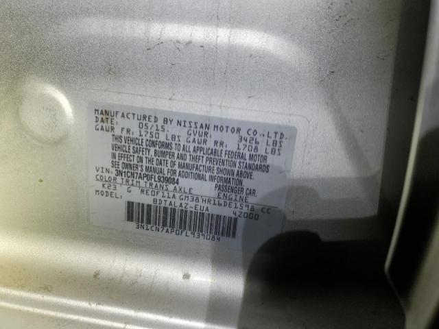 3N1CN7AP0FL939084 - 2015 NISSAN VERSA S SILVER photo 12