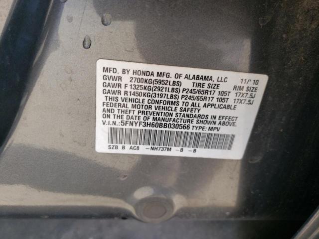 5FNYF3H60BB030566 - 2011 HONDA PILOT EXL GRAY photo 13