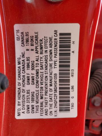 2HGFC2F58GH541059 - 2016 HONDA CIVIC LX RED photo 13