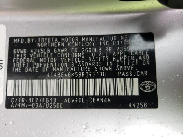 4T4BE46K58R045130 - 2008 TOYOTA CAMRY CE SILVER photo 12
