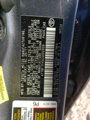 4T1BF1FK0CU002958 - 2012 TOYOTA CAMRY BASE CHARCOAL photo 12