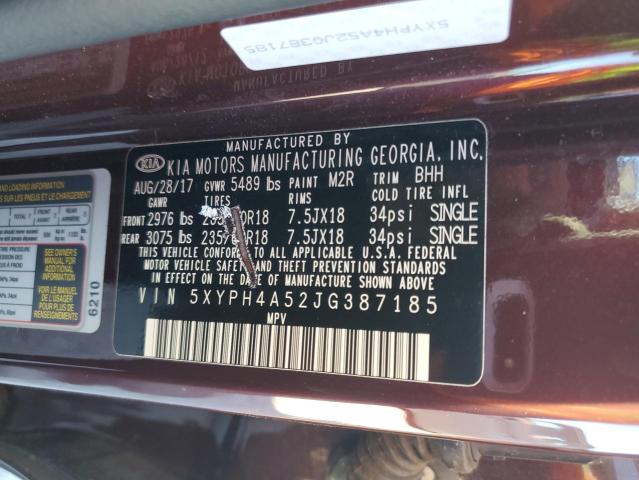 5XYPH4A52JG387185 - 2018 KIA SORENTO EX MAROON photo 12